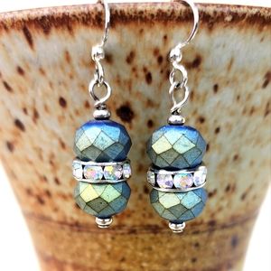 Turquoise‎ & Green Dangle Earrings with AB Rhinestones, Handmade